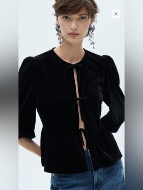 Mango Black Velvet Tie-Front Blouse